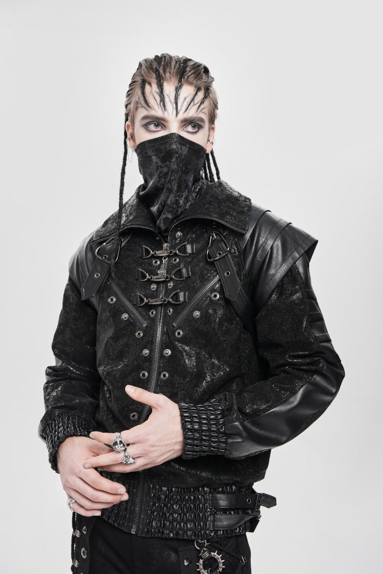 Black Faux Leather Stitching Buckle Zipper Straps Men's Punk Coat