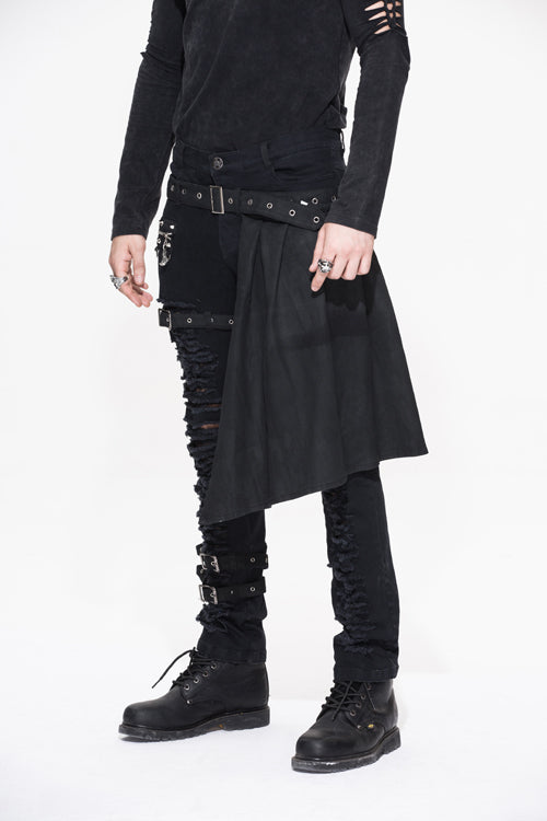 Black Adjusted Loops Punk Rock Holes Ripped Mens Pants Collocation Skirt