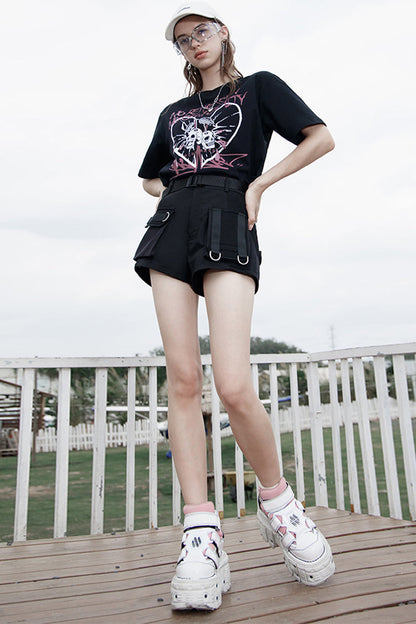 Black Clasp Belt Multi-Level Pocket Pit Ribbon Decoration High Waist Women's Punk Shorts