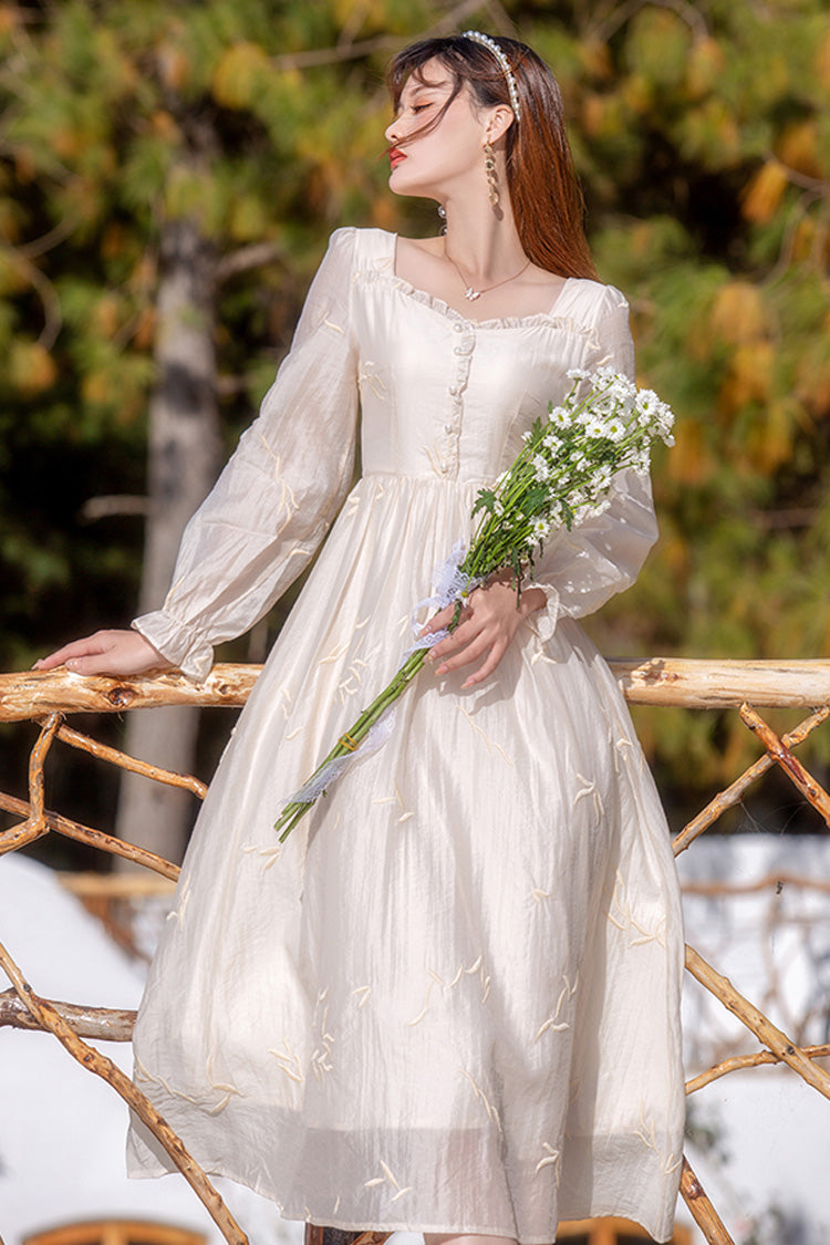 Apricot French Retro Long Lantern Sleeves Embroidery Sweet Lolita OP Dress
