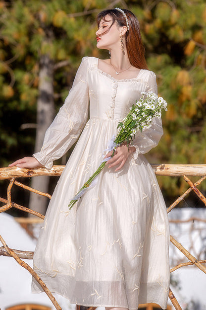 Apricot French Retro Long Lantern Sleeves Embroidery Sweet Lolita OP Dress