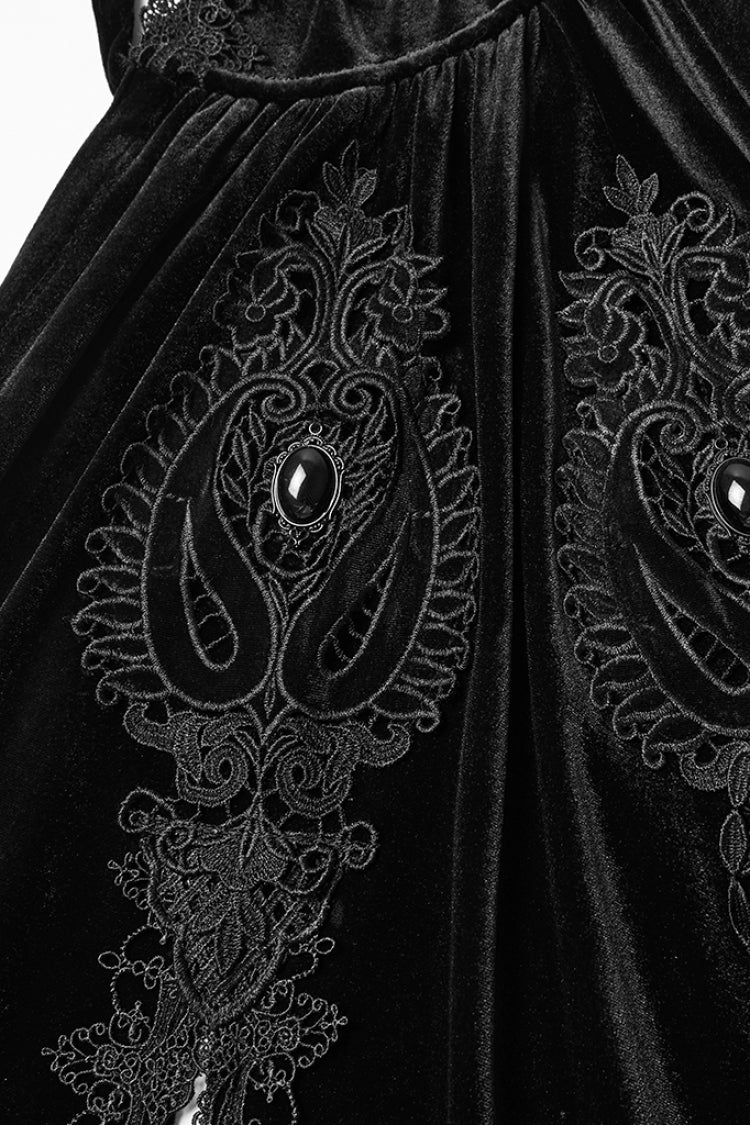 Black Floral Embroidery Diamante Velvet Hooded Women's Gothic Cloak