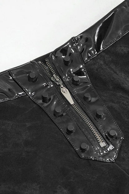 Black Fringe Patent Leather Spliced Punk Leggings Womens Pants