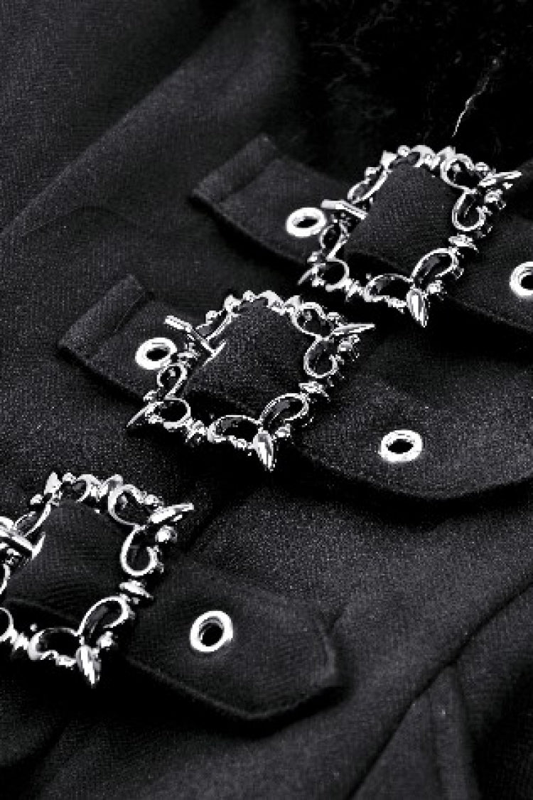 Black Long Sleeves Lace-Up Buckled Women's Gothic Draped Coat with Faux Fur Collar