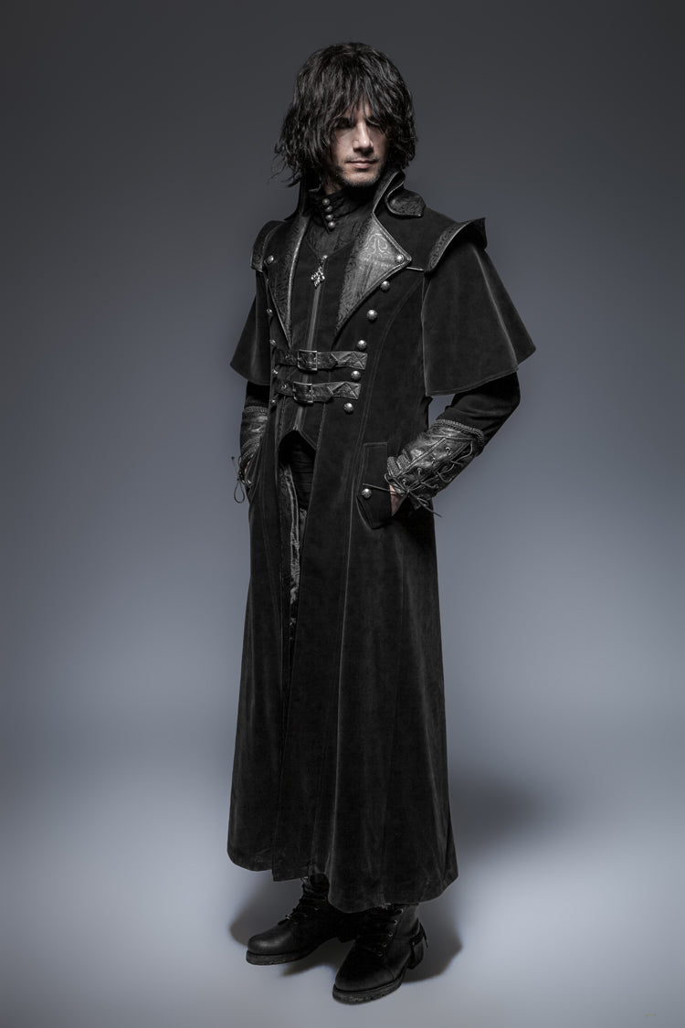 Black Leather Stand-Up Collar Metal Buckle Decoration Mens Steampunk Long Coat