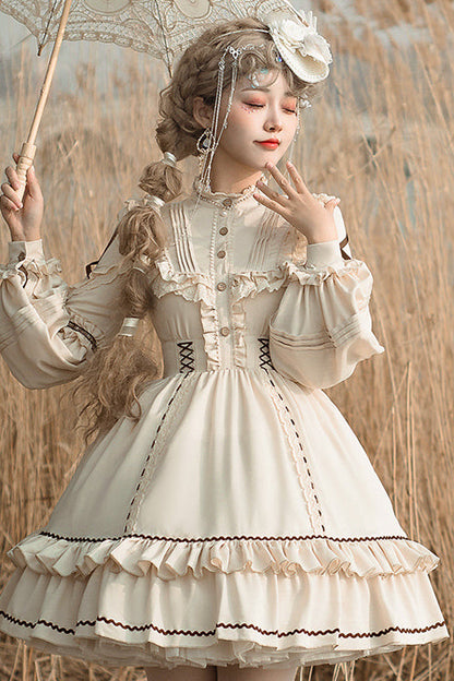 Beige Lantern Sleeves Multi-Layer Ruffled Removable Sweet Lolita OP Tiered Dress