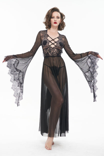 Black Perspective V-Neck Sexy Backless Lace Up Lace Flare Sleeve Women's Gothic Dress