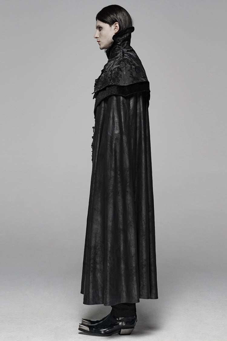 Black Jacquard Stand Collar Stitching Metal Retro Buckle Mens Gothic Cloak