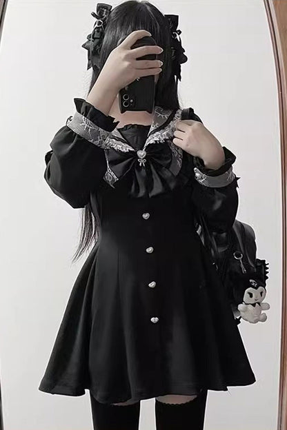 Black Long Sleeves Bowknot Stitching Lace Jirai Kei Japanese Dress Shorts Set