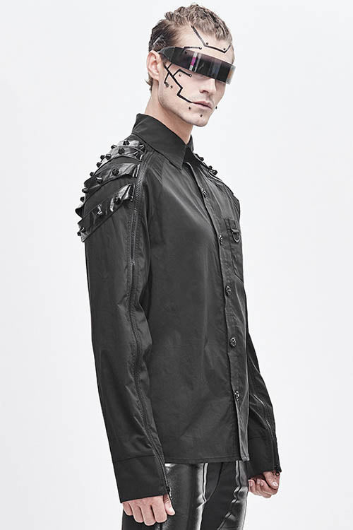 Black Long Sleeve Shoulder Zipper Mens Punk Blouse