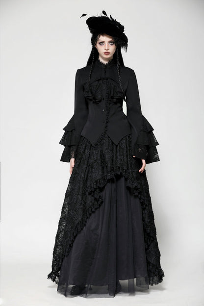 Black Lace Stand Collar Multi-Layered Ruffled Long Flared Sleeves Women's Gothic Blouse