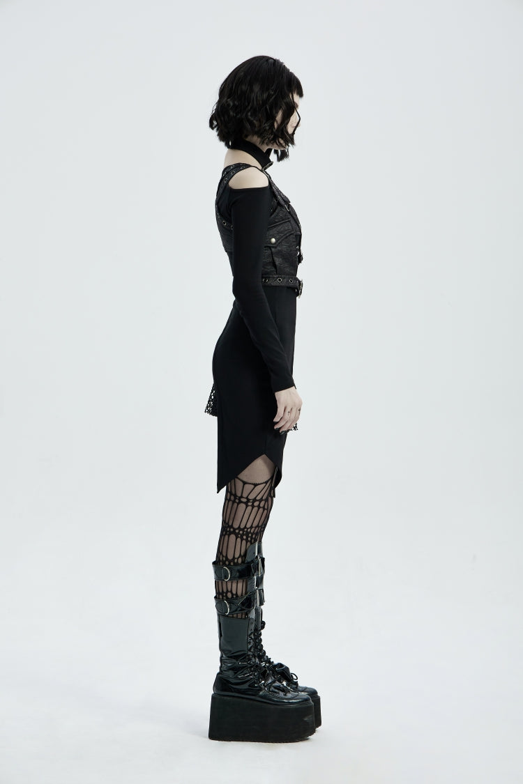 Black Cut-Out Asymmetric Buckled Eyelet Women's Punk Accessory with Pocket