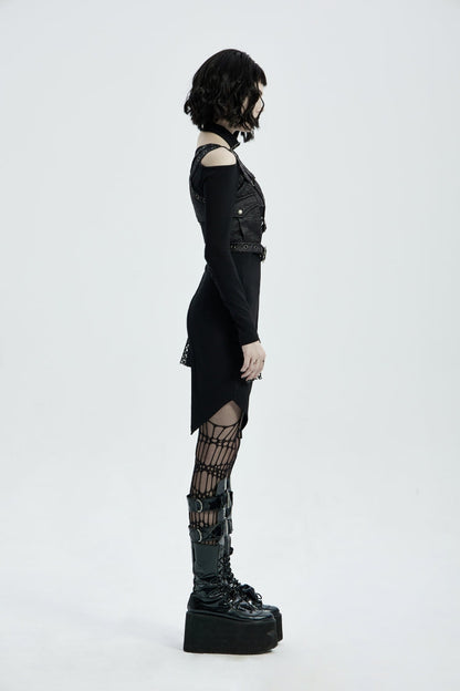 Black Cut-Out Asymmetric Buckled Eyelet Women's Punk Accessory with Pocket
