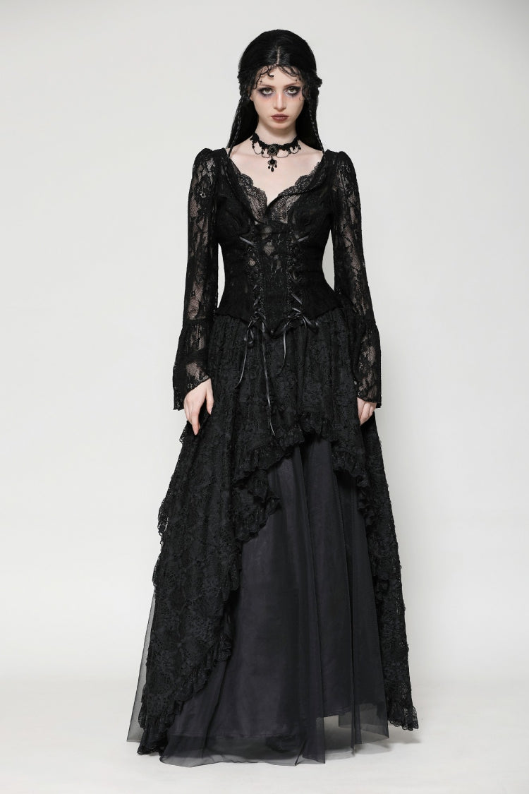 Black Deep V Collar Long Trumpet Sleeves Lace Lace-Up Women's Gothic Corset Top