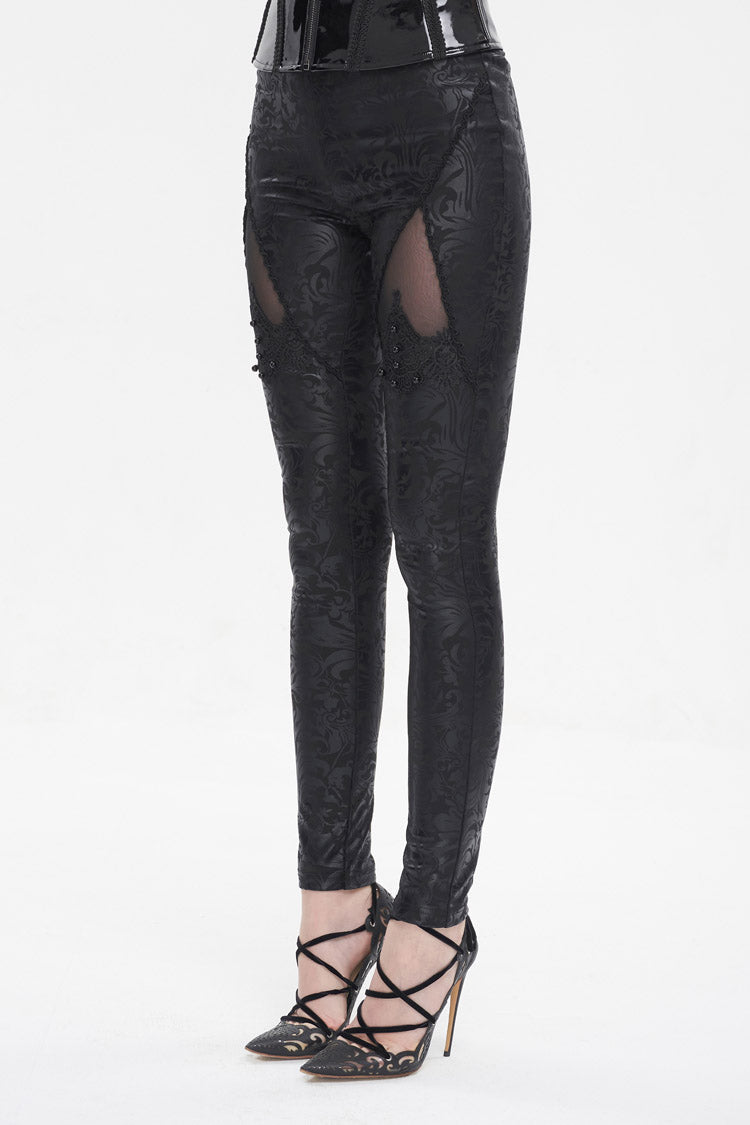 Black Floral Embroidered Mesh Splice Women's Gothic Leggings