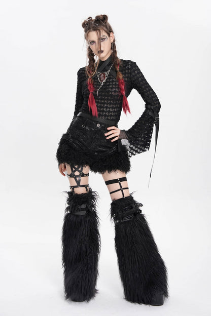 Black Plush Stitching Buckle Straps Women's Punk Shorts