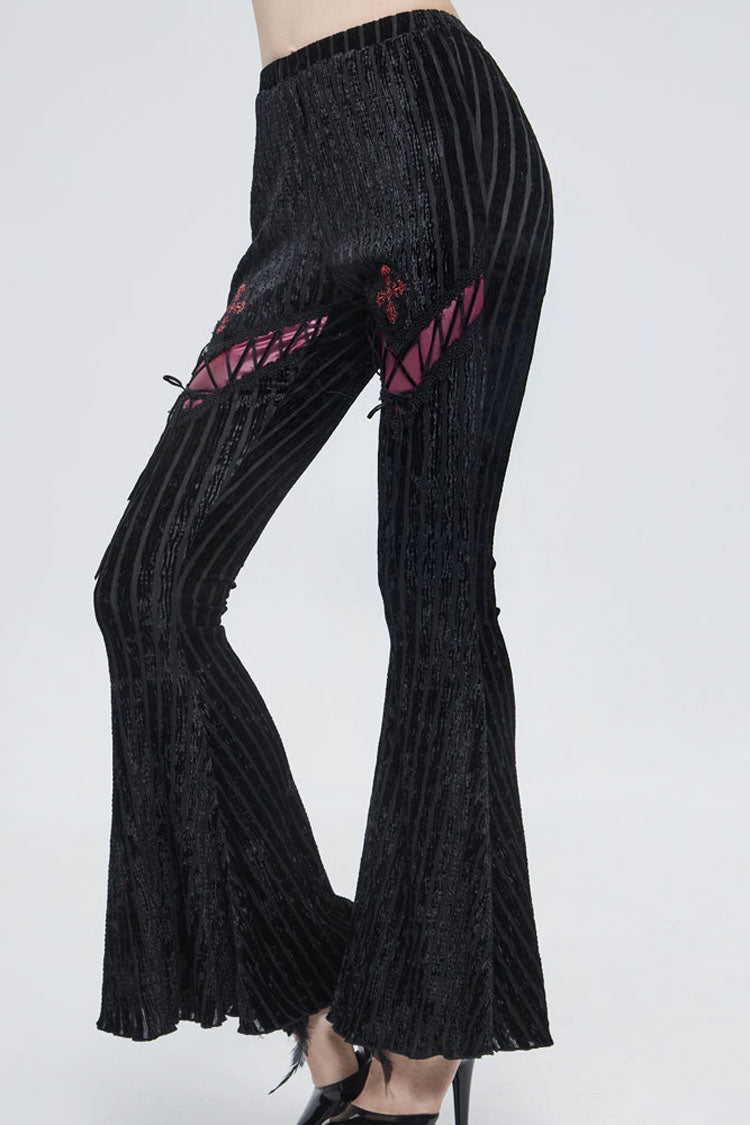 Black Gothic Striped Flocking V-Shaped Cross Lace Stitching Flared Women's Pants