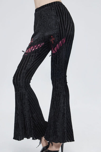 Black Gothic Striped Flocking V-Shaped Cross Lace Stitching Flared Women's Pants