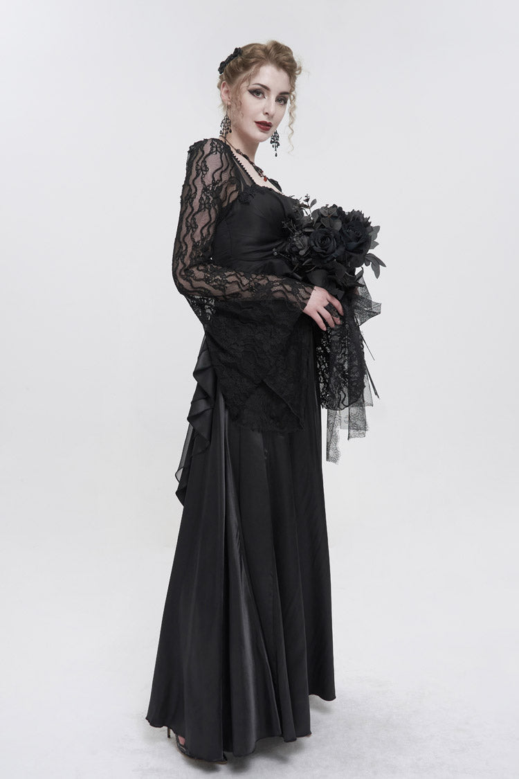 Black Lace Pointy Large Sleeves Back Middle Zipper Satin Long Floor Length Women's Gothic Dress