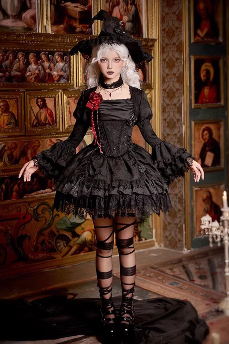Black  [Letters & Poems · Twilight] Multi-Layered Jacquard Ruffled Witch Gothic Lolita Skirt 2 Versions