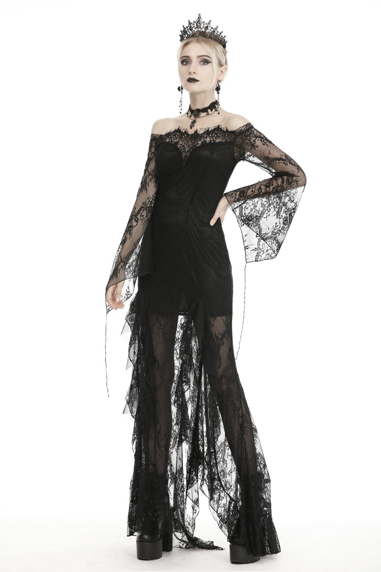 Black Off Shoulder Long Sleeves Lace Lace-Up Women's Gothic Mermaid Wedding Dress