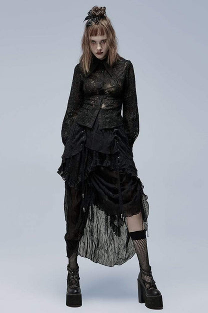 Black Lapel Collar Long Puff Sleeves Hollow Embroidery Womens Gothic Blouse