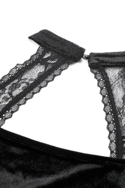 Black Off Shoulder Halterneck Long Trumpet Sleeves Cut-Out Lace Spliced Velvet Gothic Palace Top
