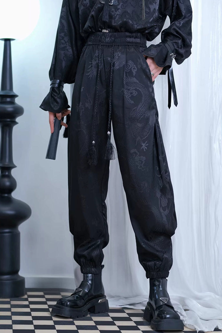 Black Dragon-Pattern Jacquard Printed Ouji Gothic Chinese Style Handsome Lolita Tassel Pants