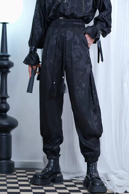 Black Dragon-Pattern Jacquard Printed Ouji Gothic Chinese Style Handsome Lolita Tassel Pants