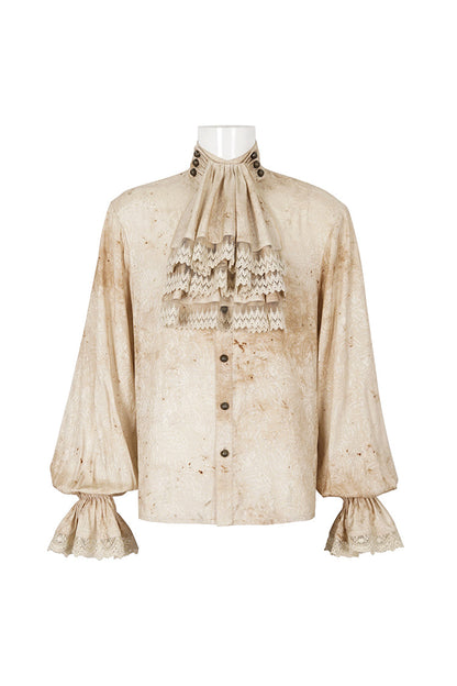Apricot Stand Collar Puff Sleeved Men's Gothic Shirt With Necktie