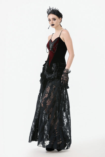 Black Multi-Layered Ruffled Velvet Spliced Lace Lace-Up Women's Gothic Long Skirt