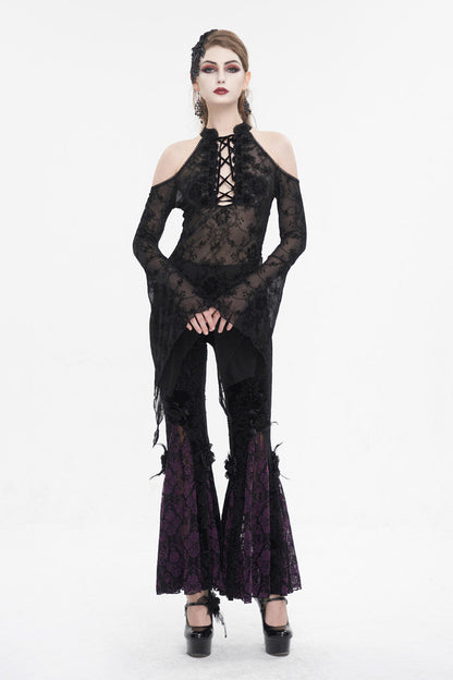 Black Off Shoulder Flared Sleeved Lace Mesh Women's Gothic Shirt
