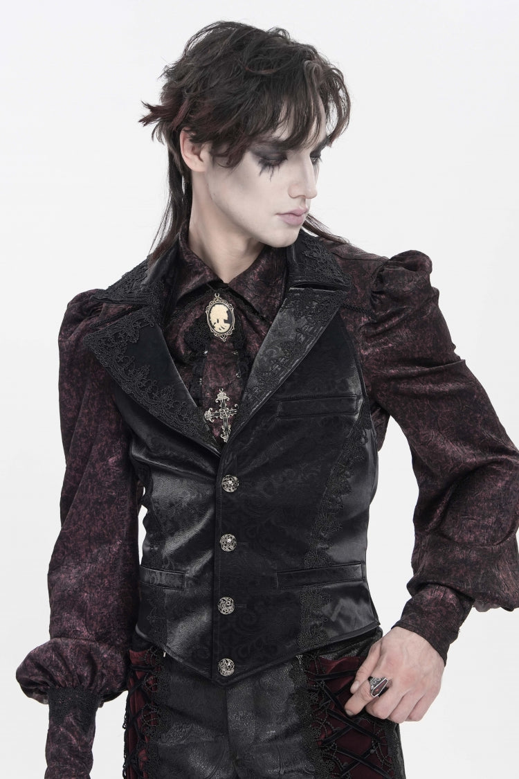 Black Lapel Collar Jacquard Lace Slim Men's Gothic Vest