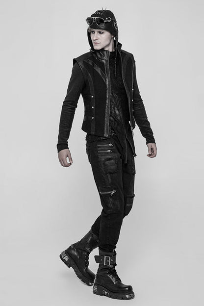 Black Hand-Painted Crafts Stitching Ripped Men's Steampunk Jeans Pants