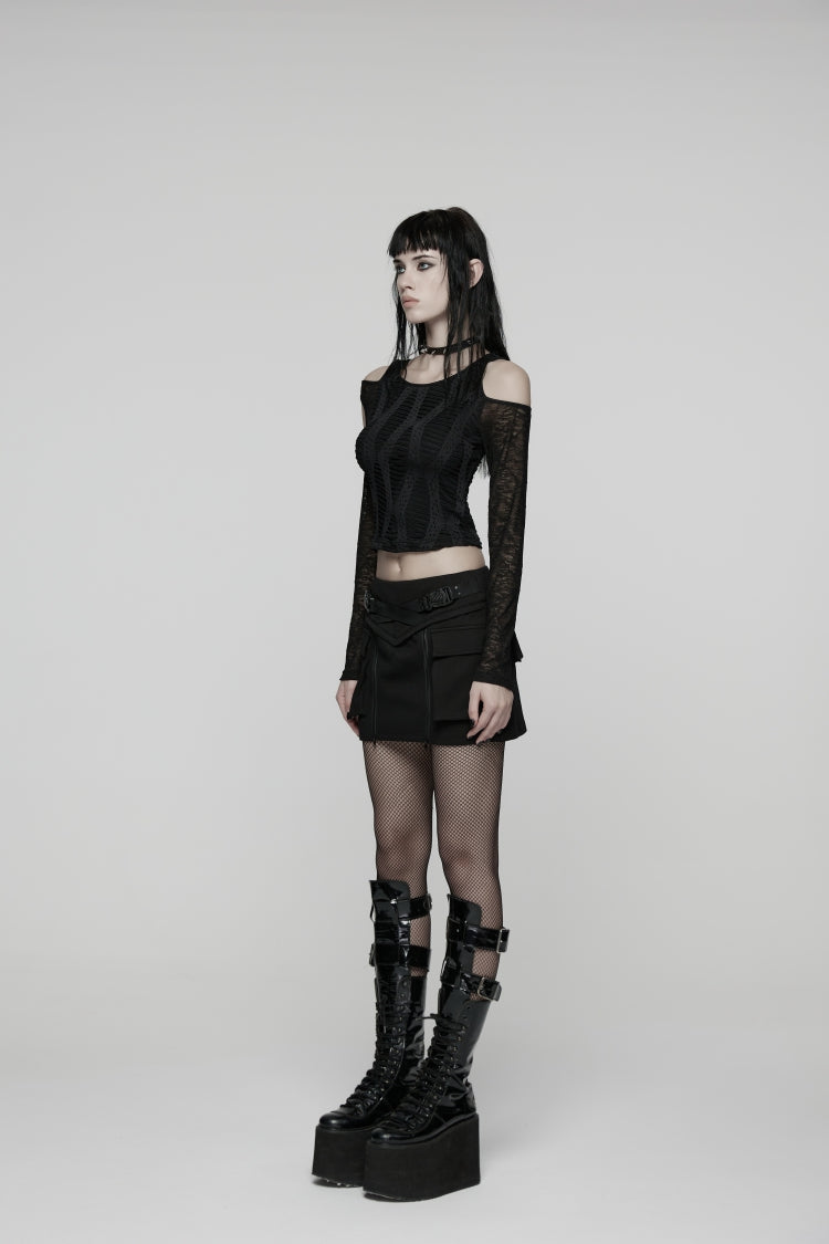 Black Lace-Up Zippered Women's Punk Cool  Big Pockets Techwear Skirt