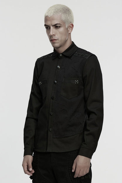 Black Lapel Collar Long Sleeves Ripped Men's Punk Blouse