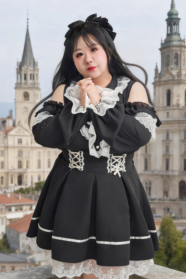 Black Off Shoulder Long Sleeves Ruffle Bowknot Lace Sweet Plus Size Princess Jirai Kei Skirt Blouse Set