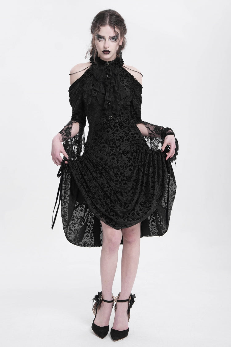 Black Off Shoulder Drawstring Jacquard Embroidery Women's Gothic Party Dress