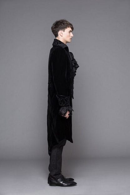Black Hand Embroidered Fake Two Pieces Long Sleeves Velvet Mens Gothic Coats