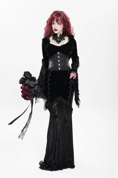 Black Long Trumpet Sleeves Embroidery Stitching Lace Hooded Mesh Women's Gothic Dress