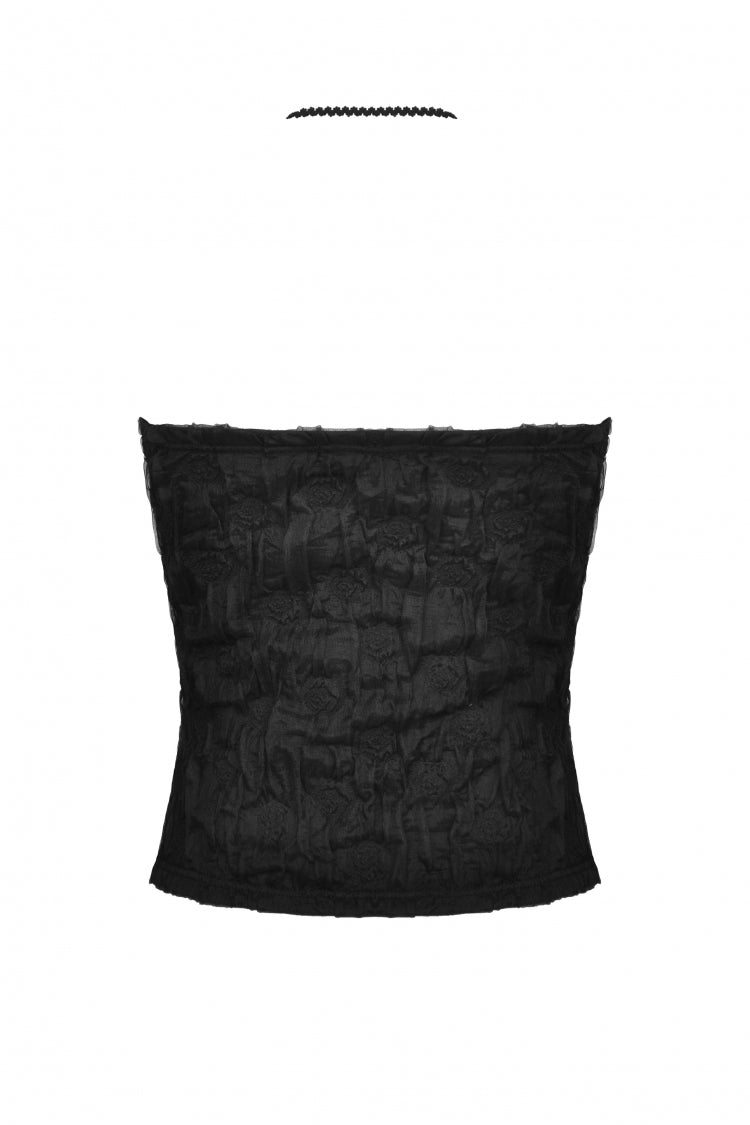 Black Off Shoulder Halterneck Lace Crinkle Women's Gothic Tank Top