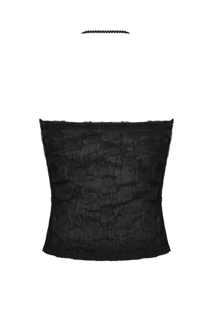 Black Off Shoulder Halterneck Lace Crinkle Women's Gothic Tank Top