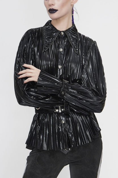 Black Metal Buckles Cuff Bright Pleated Pointed Collar Leather Loops Women's Punk Blouse
