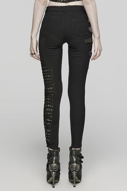 Black Hollow Decoration Mesh Asymmetric Women's Steampunk Pants