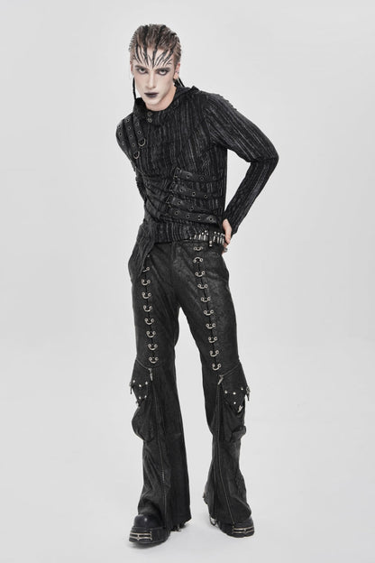 Black Long Sleeves Irregular Hooded Straps Eyelet Men's Punk Blouse