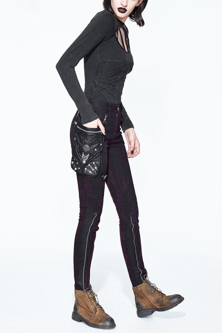 Black Distressed Right Side Detachable Bag Women's Punk Pants