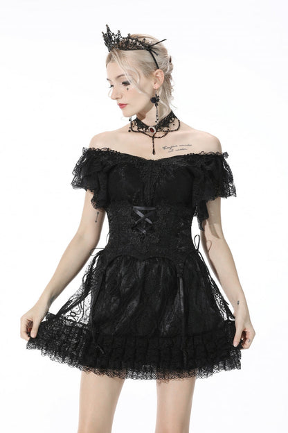 Black Plunging V Collar Short Sleeves Ruffled Lace Sexy Women's Gothic Crop Top
