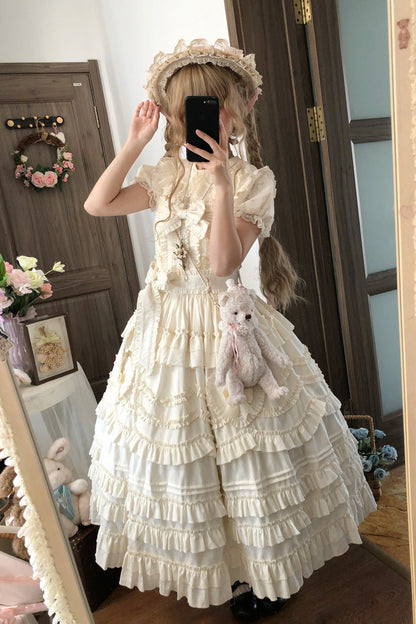 Apricot [Heart In Love] Multi-Layered Ruffled Bow Sweet Lolita Jsk Dress