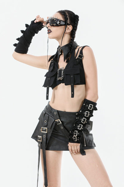 Black Halterneck Buckled Women's Punk Utility Vest