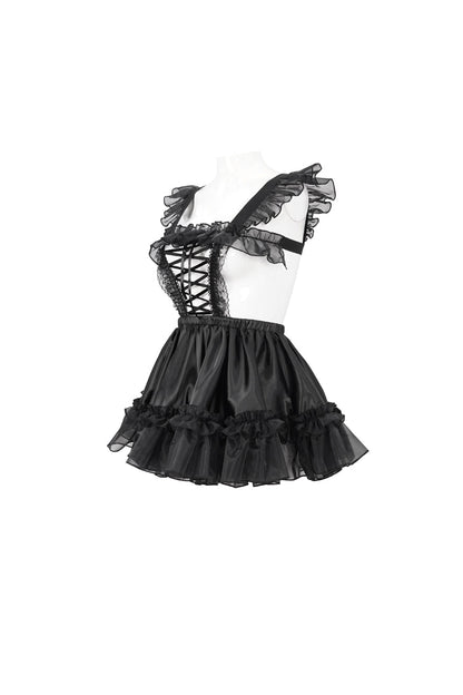 Black Glossy Sheer Ruffled Stretch Sexy Women's Gothic Maid Dress